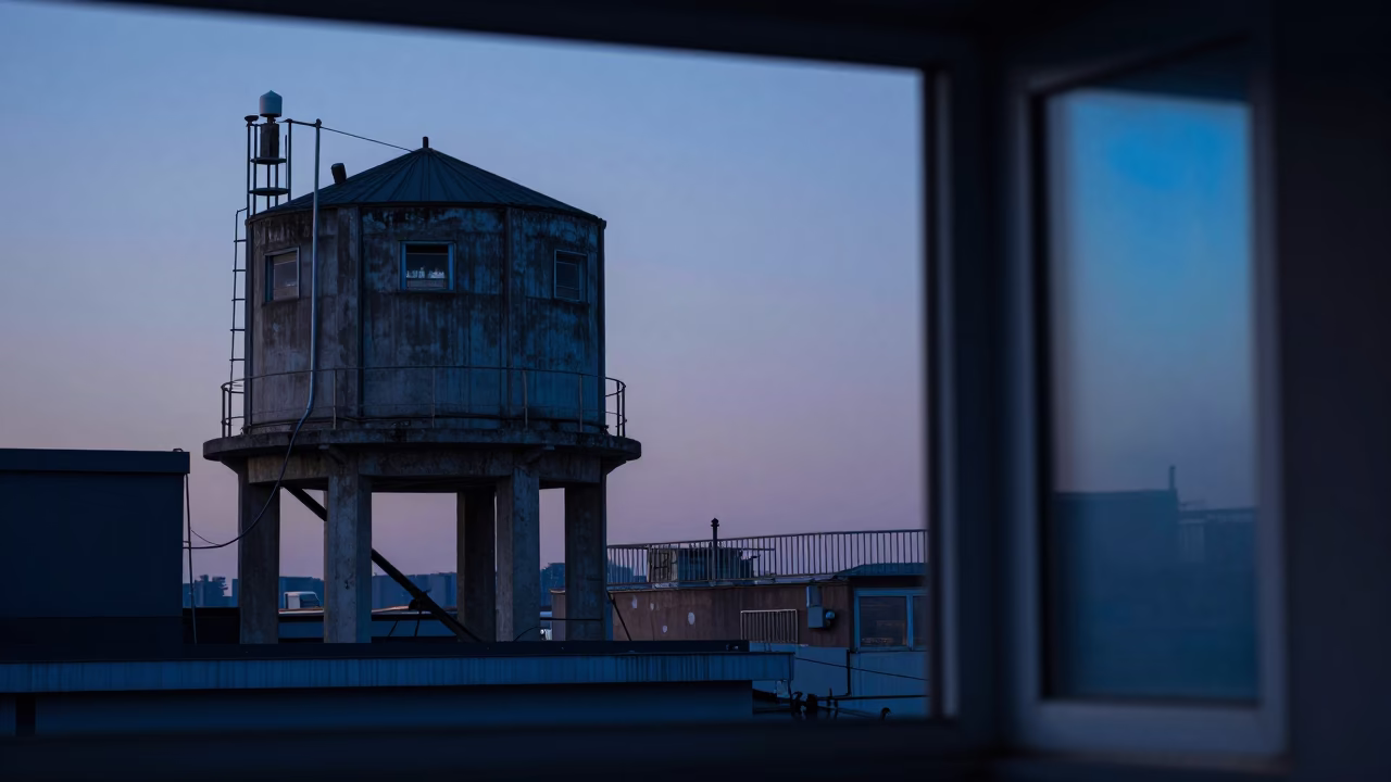 Beijing Rooftop Water Tower and Window Light in Pre-Dawn Hours in in Beijing, China