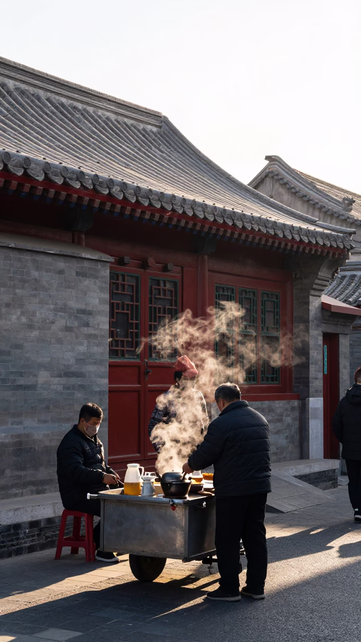 Beijing Street Breakfast Scene with Teapot and Steam After Sunrise in in Beijing, China