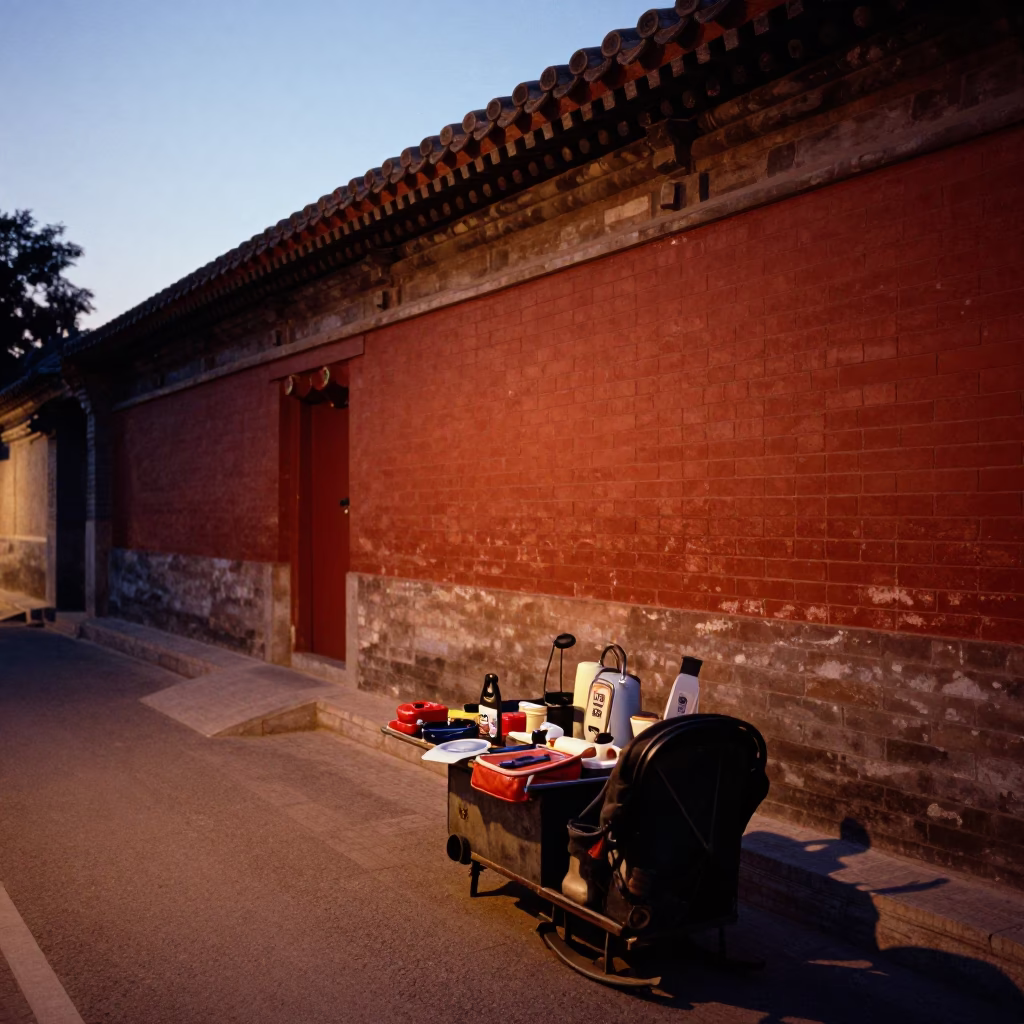 Beijing street corner at dusk with coal scuttle and glass jar near traditional architecture in in Beijing, China