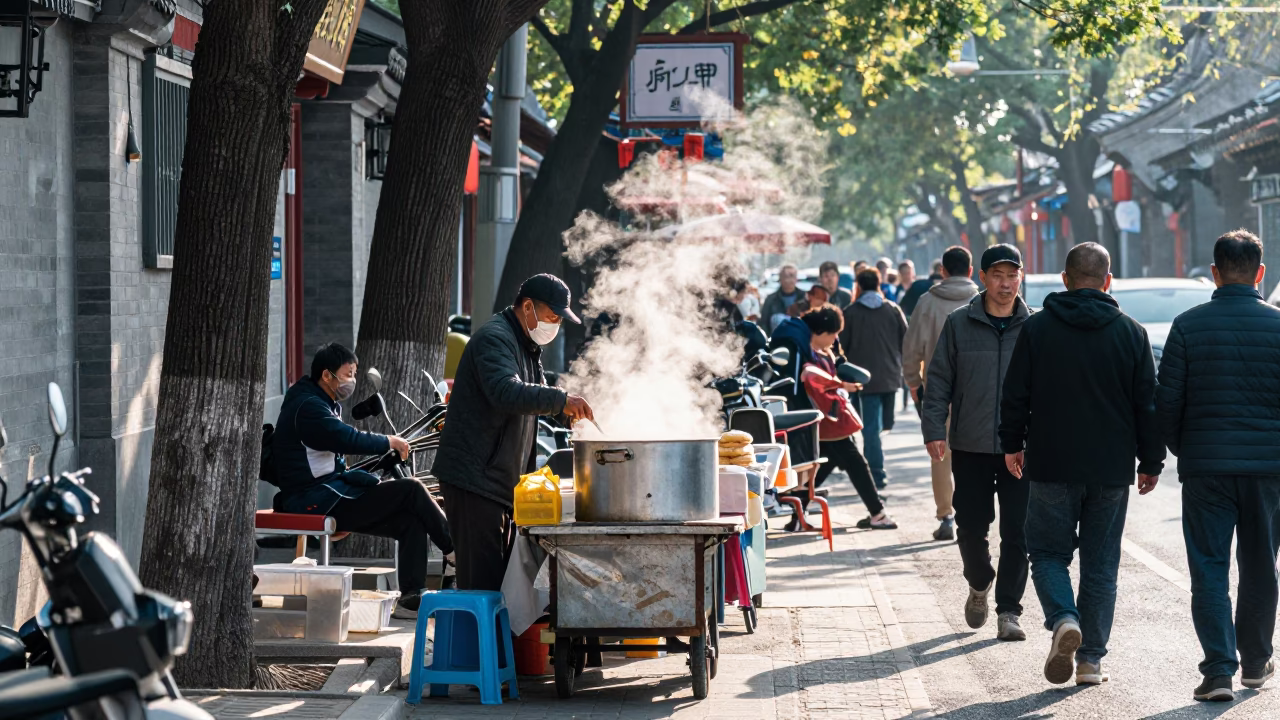 Beijing street corner midmorning activity with vendors and pedestrians in in Beijing, China