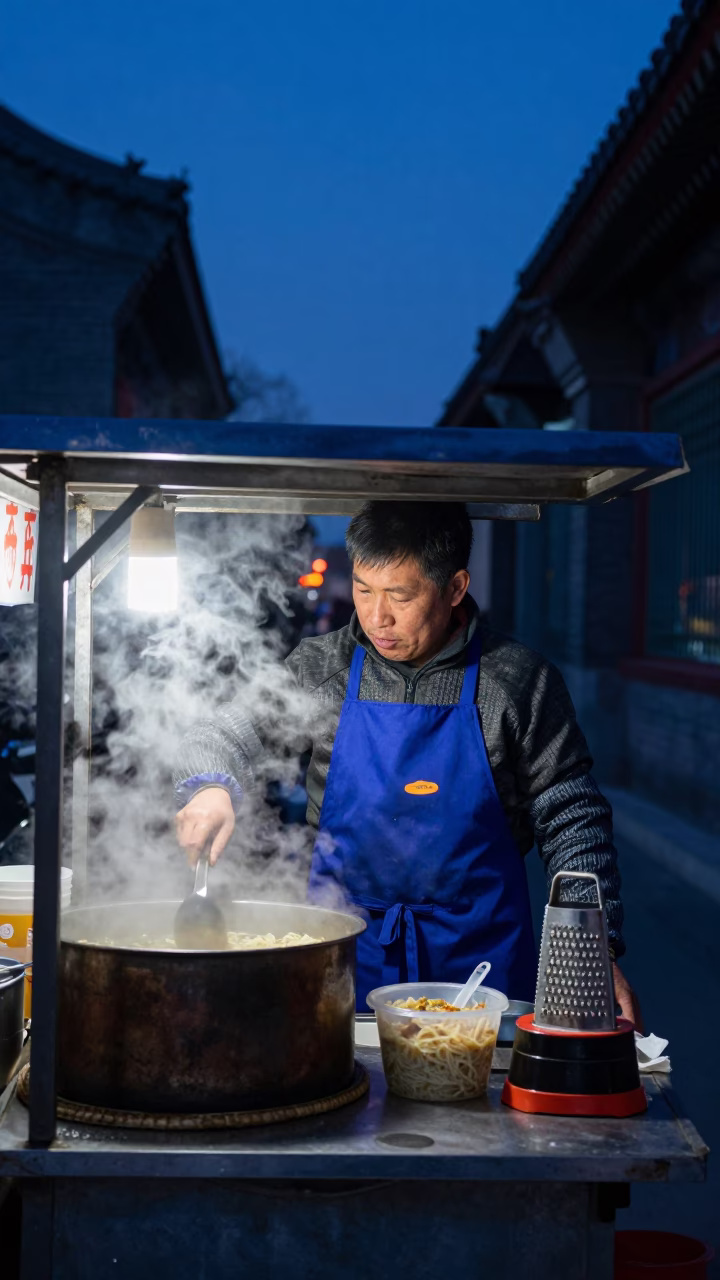 Beijing Street Food Stall with Apron and Grater in Indigo Twilight in in Beijing, China