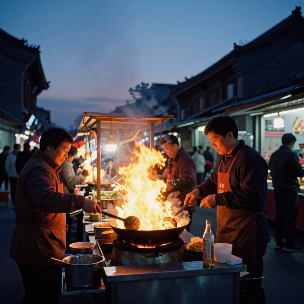 Beijing street food stall with wok flames and bottle in indigo twilight in in Beijing, China