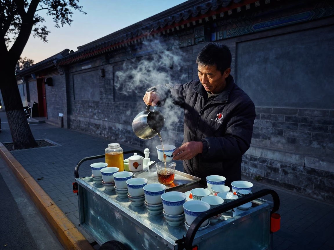 Beijing street food vendor preparing tea at twilight near traditional courtyard entrance in in Beijing, China