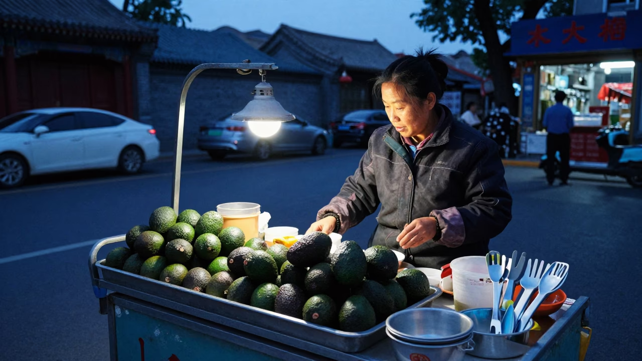 Beijing Street Food Vendor Selling Avocados and Kitchen Utensils in Indigo Twilight in in Beijing, China