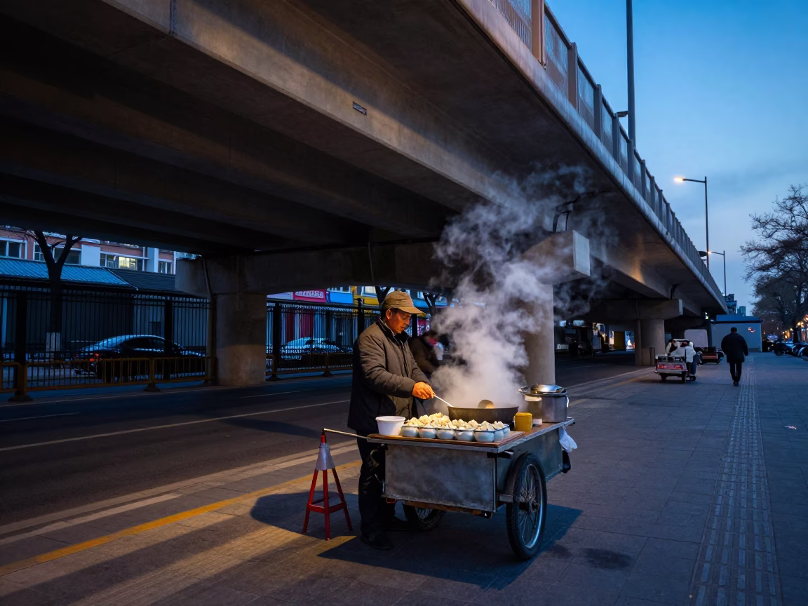 Beijing Street Food Vendor Selling Dumplings Under Overpass at Blue Hour in in Beijing, China