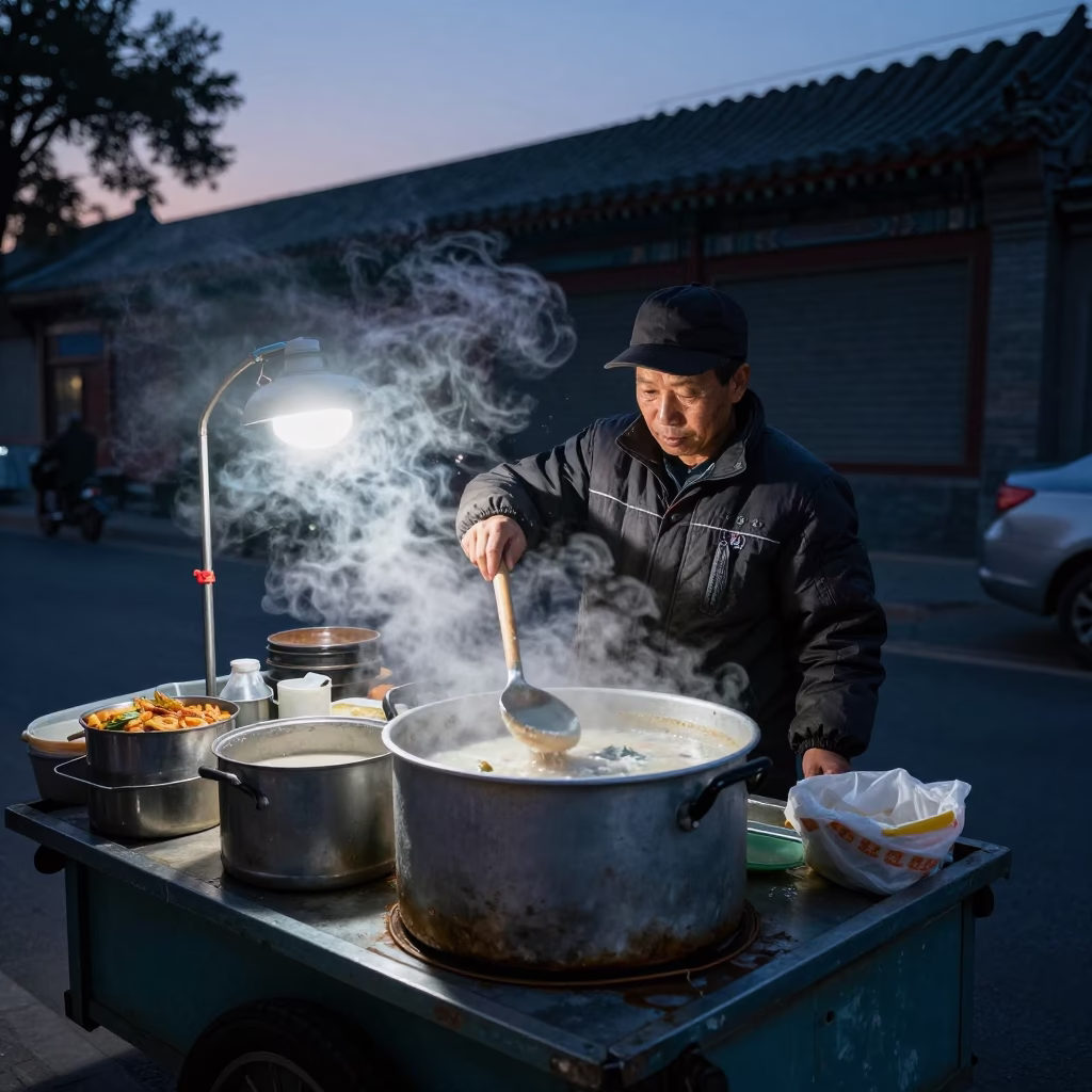 Beijing Street Food Vendor Serving Congee Before Dawn in China in in Beijing, China