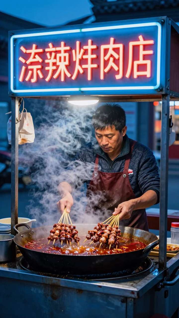 Beijing street food vendor serving spicy meat skewers under blue hour neon lights in in Beijing, China