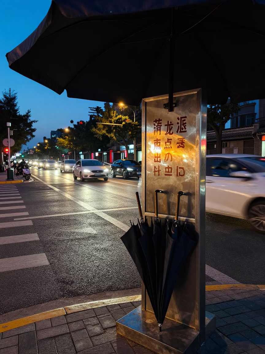 Beijing Street Life at Twilight with Hotel Valet Stand and Headlight Streaks in in Beijing, China