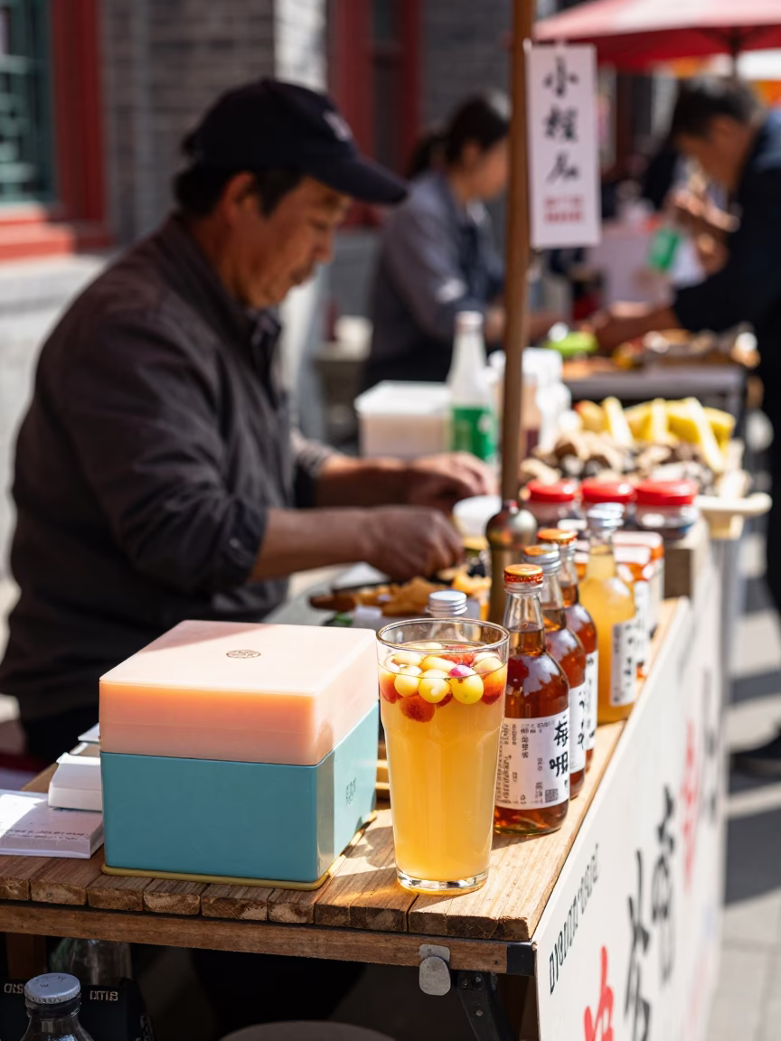 Beijing Street Market Stall with Kombucha and Shoebox at Midday in in Beijing, China