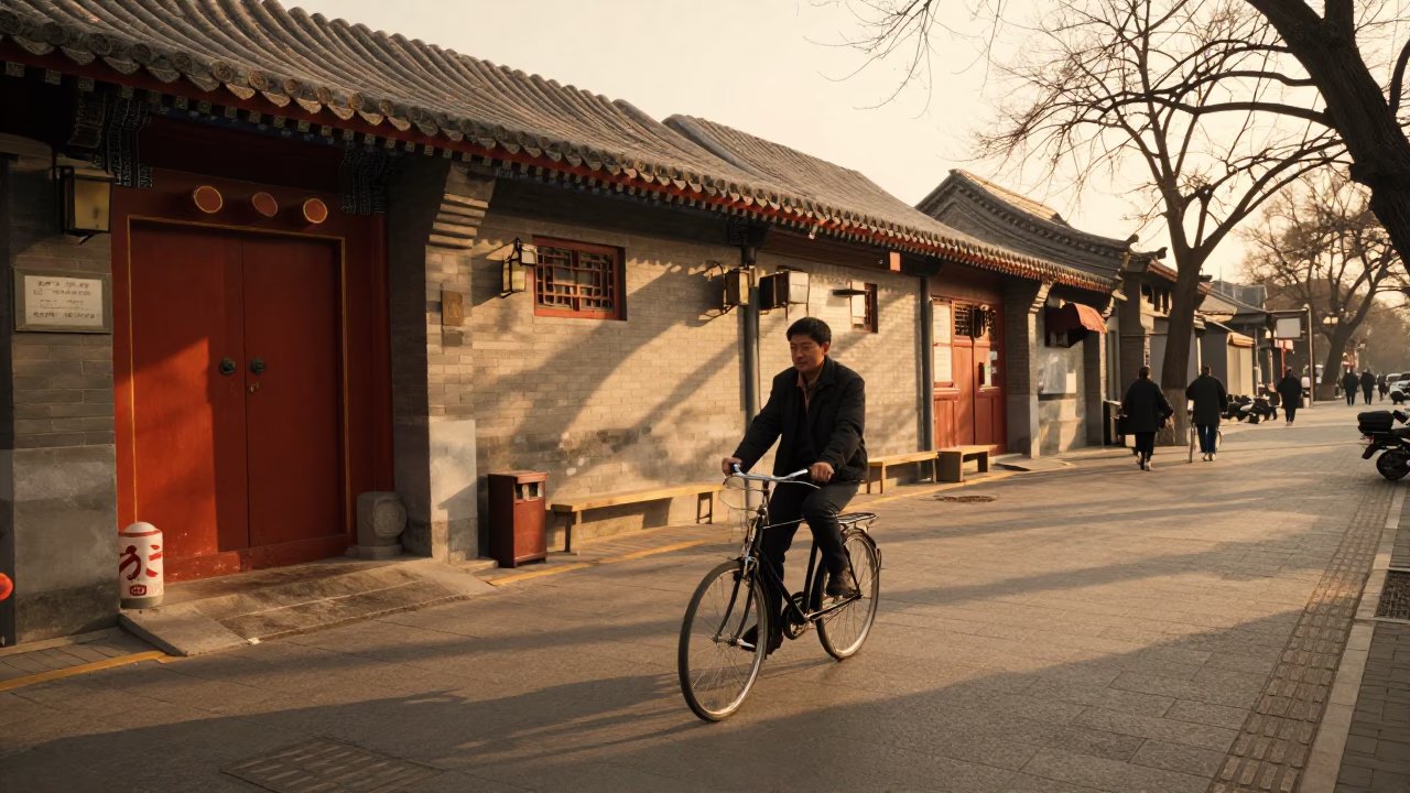 Beijing Street Scene 1980s Honeyed Evening Light with Bicycle Rider and Local Architecture in in Beijing, China