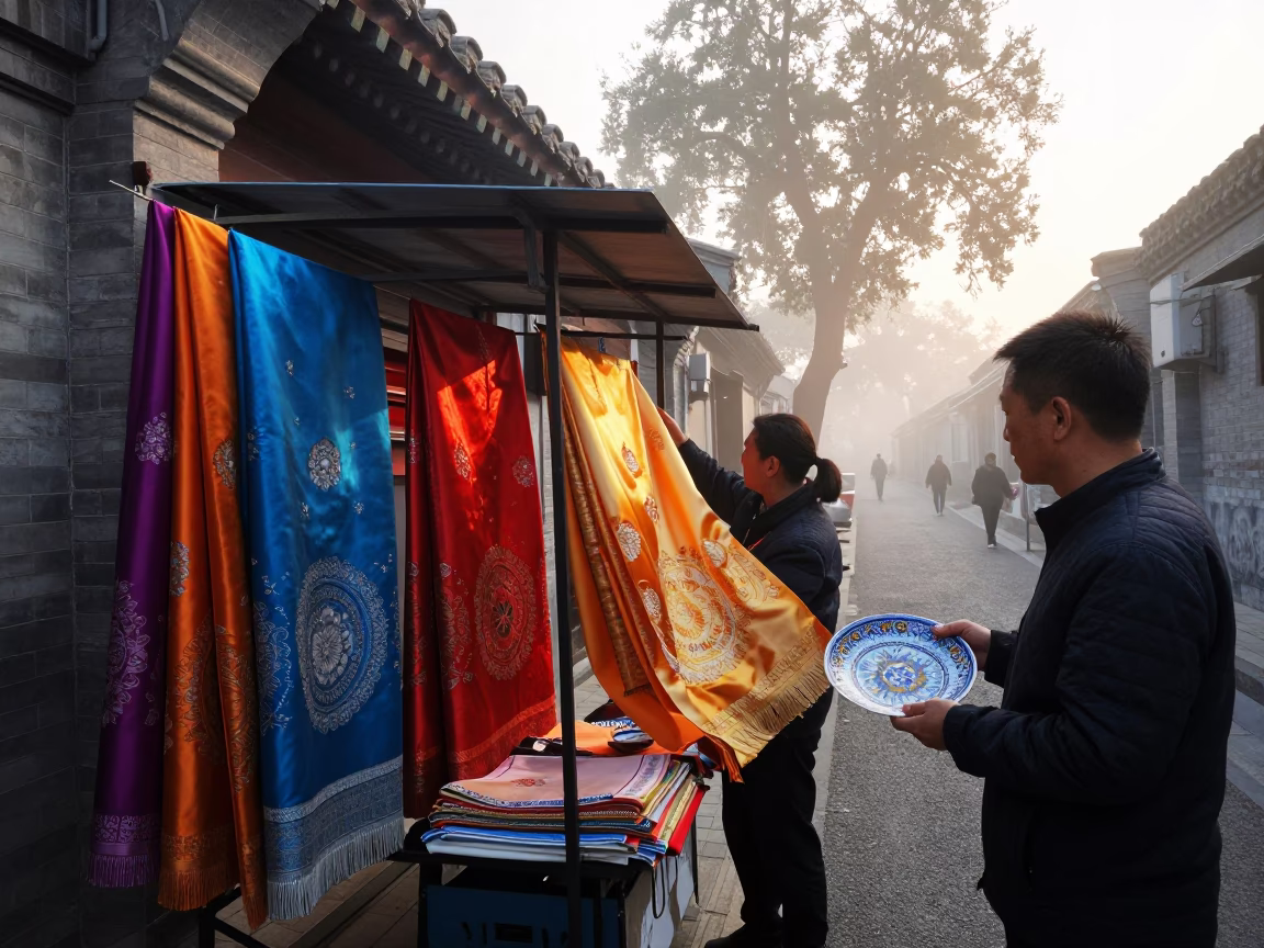 Beijing Street Scene at Dawn with Traditional Silk and Vintage Details in in Beijing, China