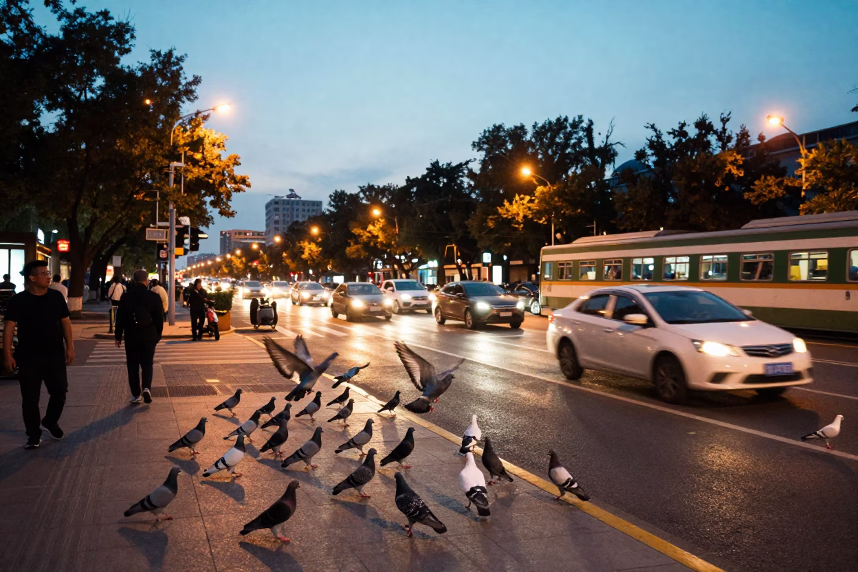 Beijing Street Scene at Dusk with Pigeons and Train Station Clock in in Beijing, China
