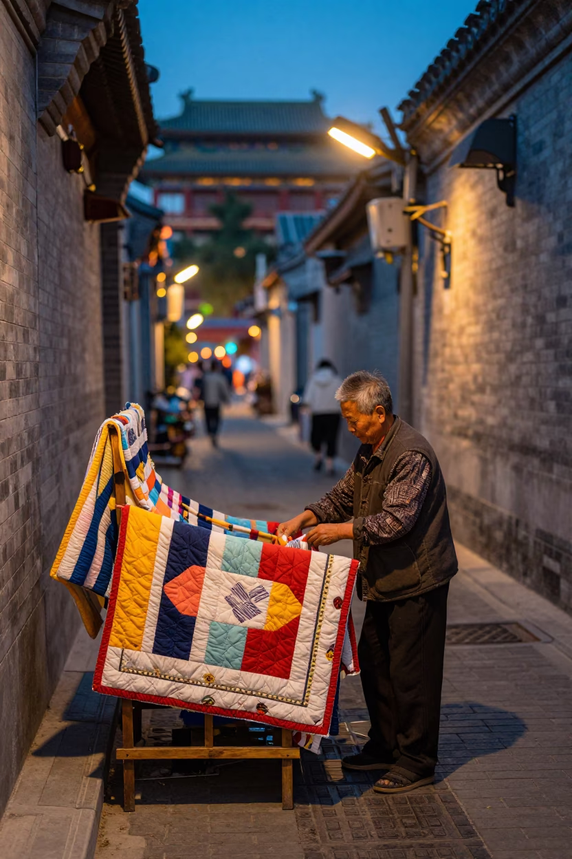 Beijing Street Scene at Dusk with Quilt Display and Urban Life in in Beijing, China