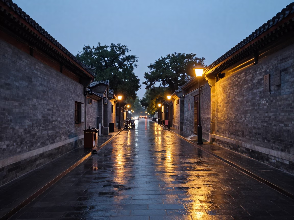 Beijing Street Scene at Dusk with Wet Flagstones and Brooms Near Traditional Courtyard in in Beijing, China