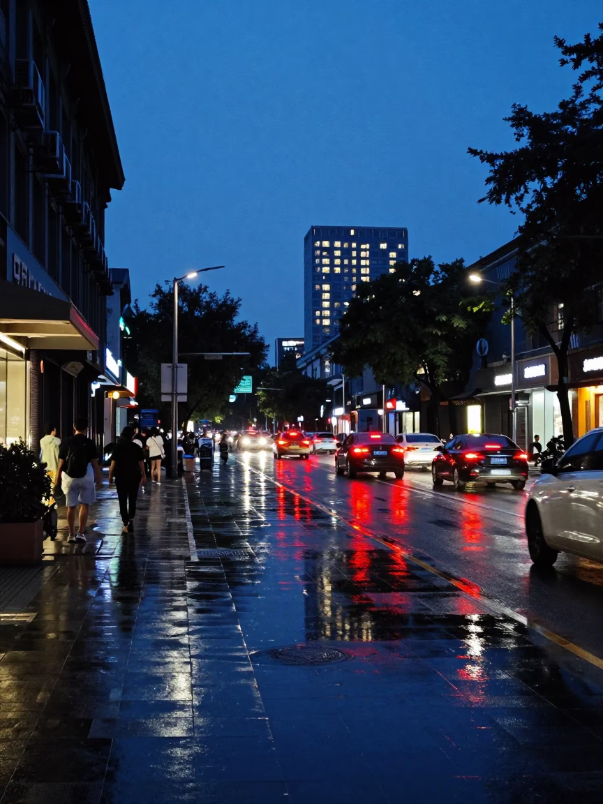Beijing Street Scene at Indigo Twilight with Puddle Reflections and Hotel Windows in in Beijing, China