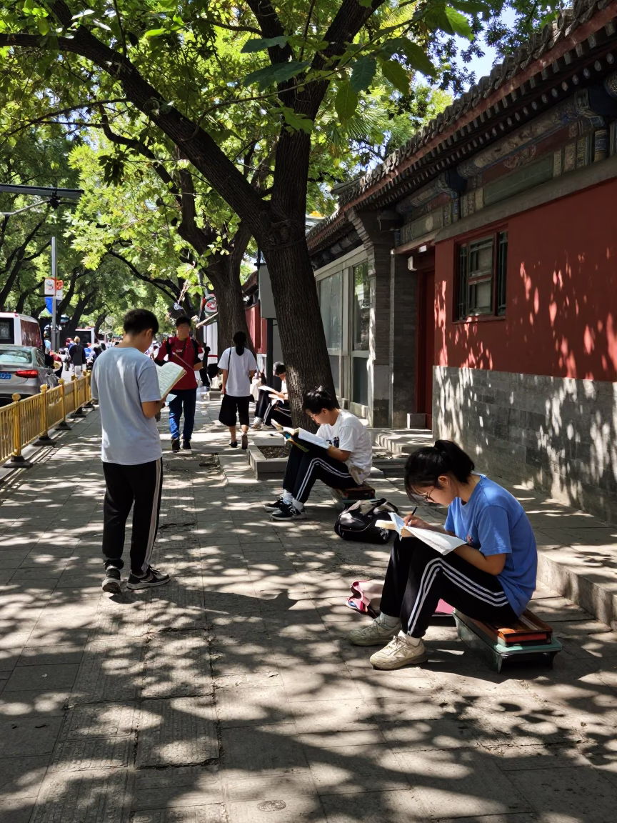 Beijing Street Scene at Midday with Students Revising and Leather Basketball in in Beijing, China