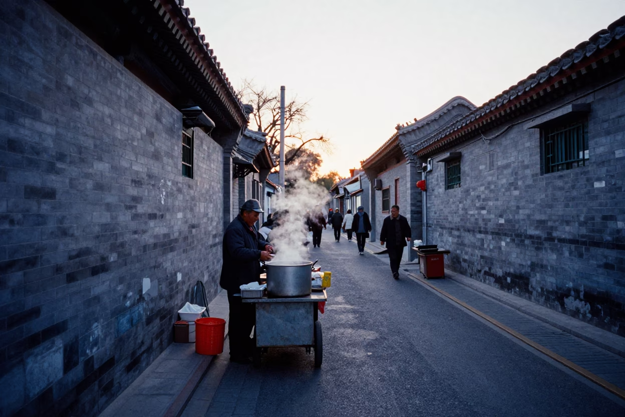 Beijing Street Scene at Nautical Dawn Light in in Beijing, China