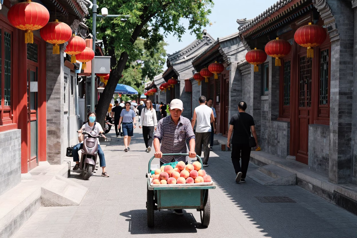 Beijing Street Scene at Noon with Red Lanterns and Electric Substation Insulators in in Beijing, China