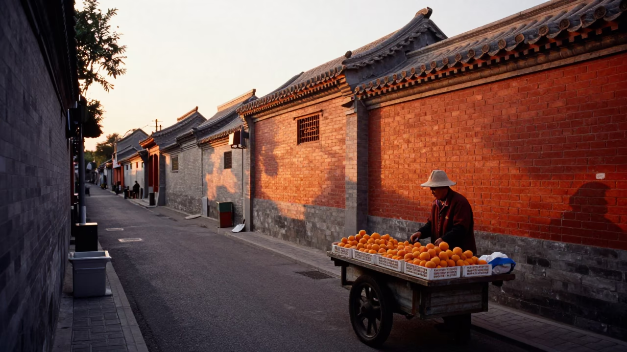 Beijing Street Scene at Sunset with Apricots and Local Life in in Beijing, China