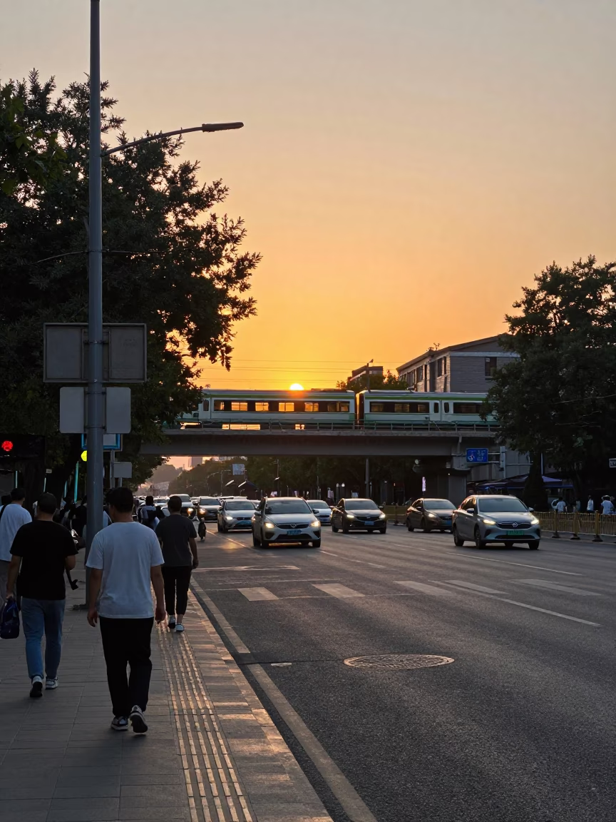 Beijing Street Scene at Sunset with Commuter Train and Urban Details in in Beijing, China
