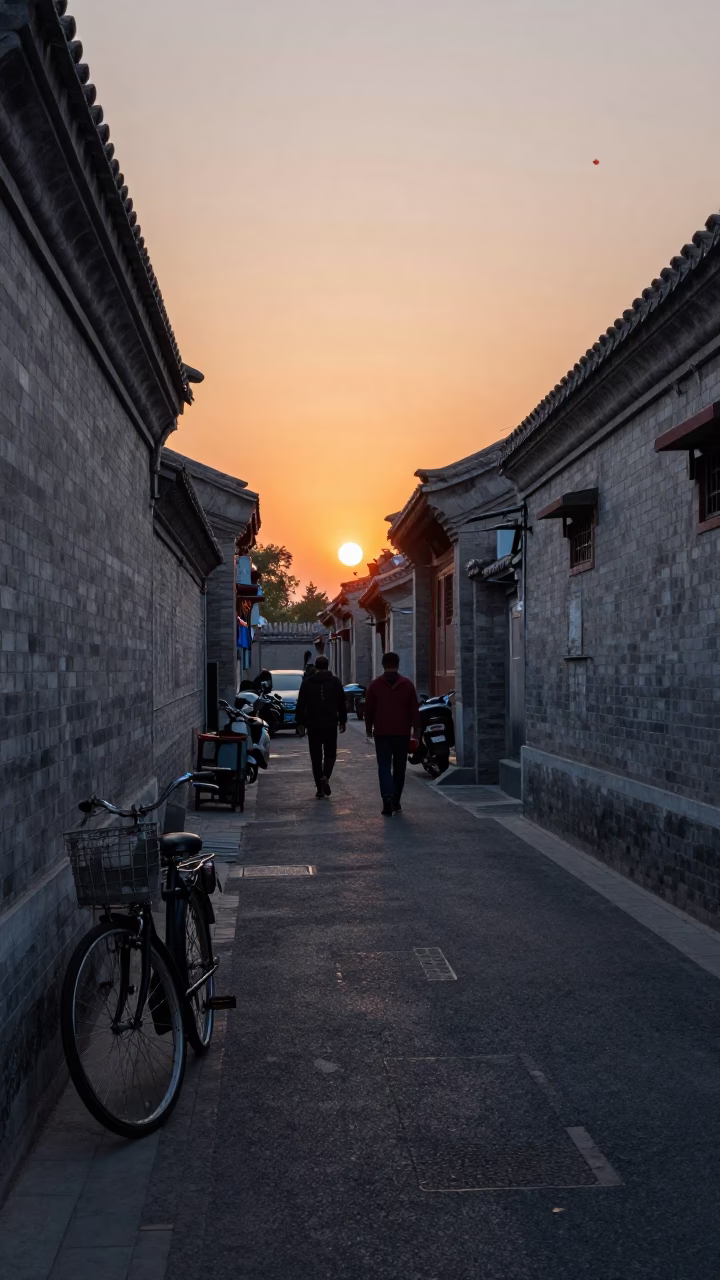 Beijing Street Scene at Sunset with Vintage Bicycle and Traditional Hutong Architecture in in Beijing, China