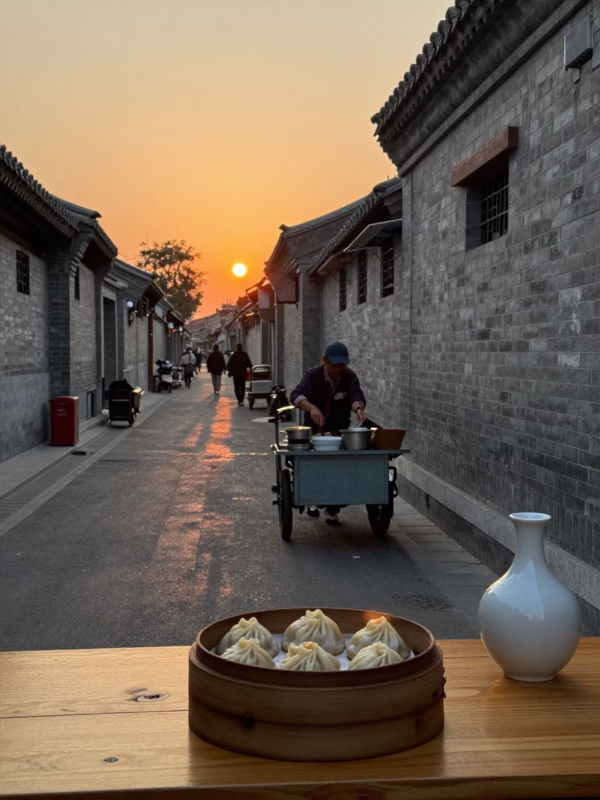 Beijing Street Scene at Sunset with Xiaolongbao and Ceramic Beehive Cheese Dome in in Beijing, China
