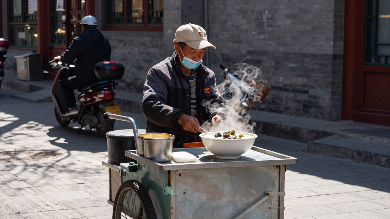 Beijing Street Scene at The Flat Glare Of Noon Light in in Beijing, China
