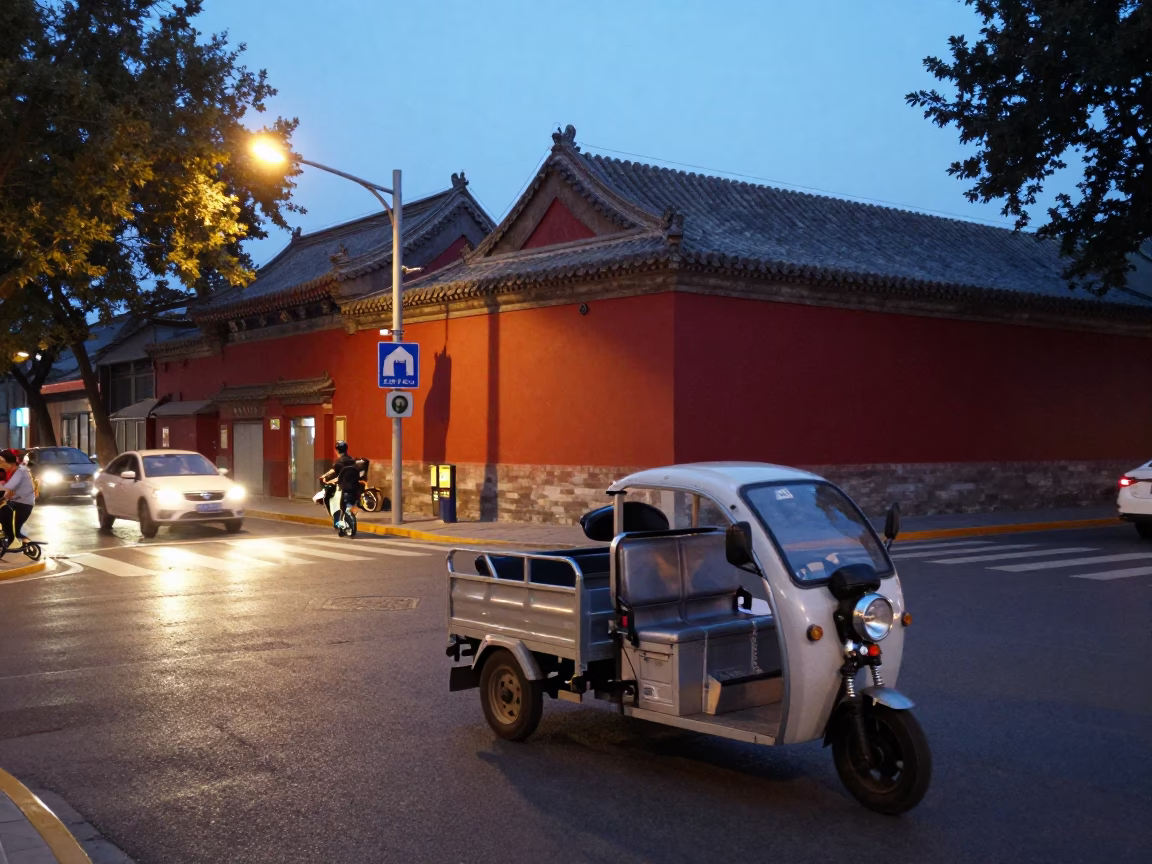 Beijing street scene at twilight with electric tricycle and scarves in in Beijing, China