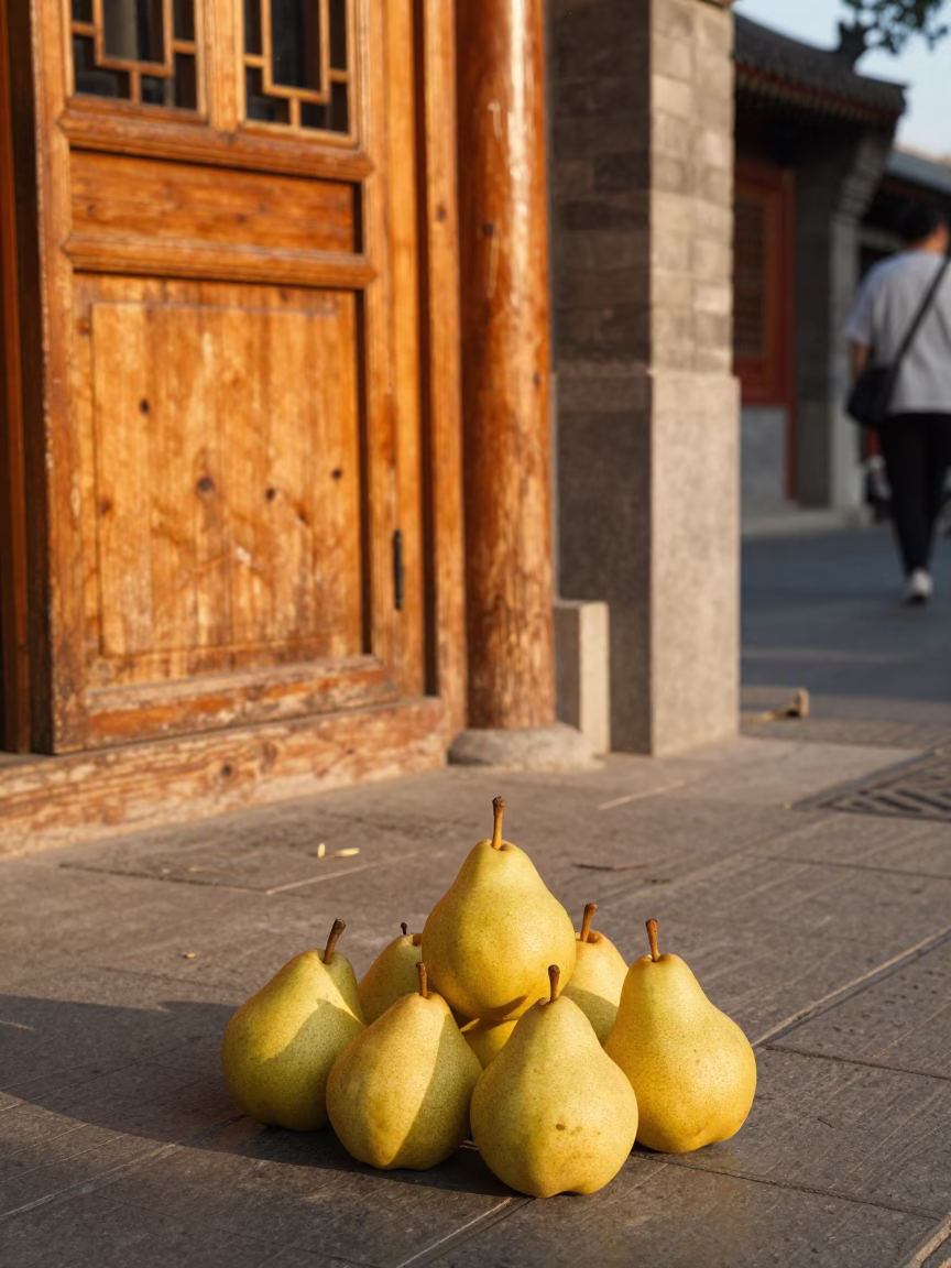 Beijing Street Scene in Honeyed Evening Light with Wooden Chair and Pears in in Beijing, China