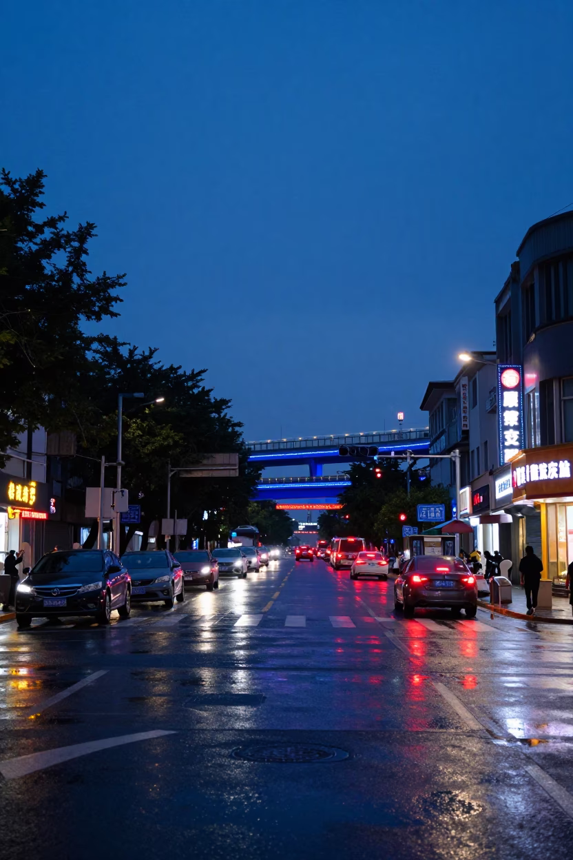 Beijing street scene in indigo twilight with glowing overpass interchange and rain wet asphalt in in Beijing, China