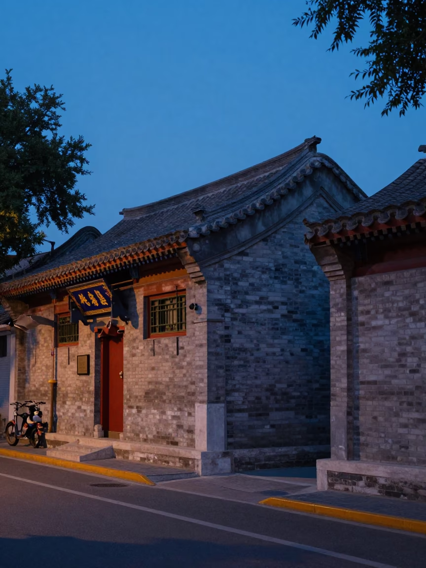 Beijing Street Scene in Indigo Twilight with Vintage 1950s Architecture and Local Life in in Beijing, China