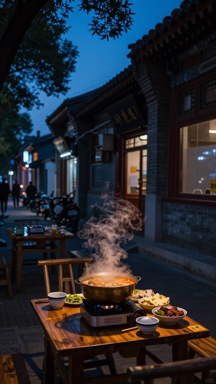 Beijing street scene in predawn darkness with steaming hotpot and traditional architecture in in Beijing, China