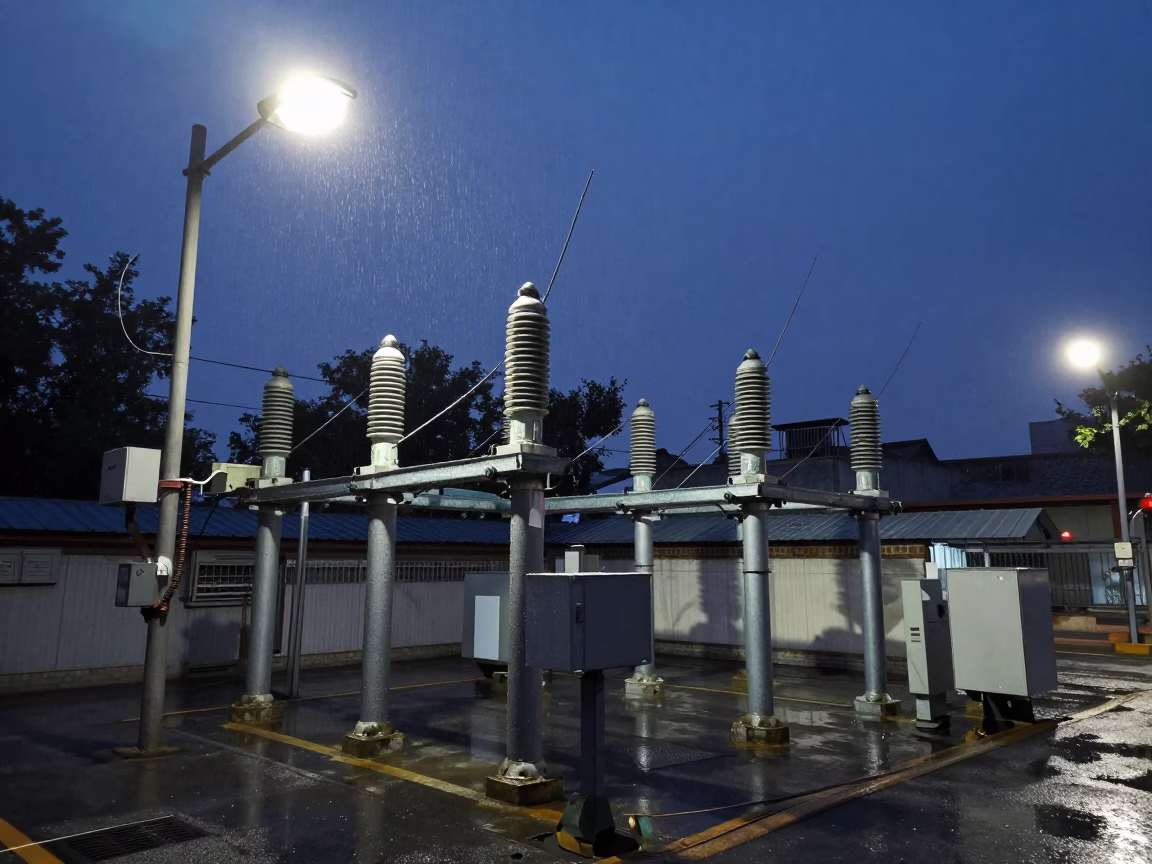 Beijing Street Scene in Predawn Darkness with Substation Insulators Sparkling Under Floodlights in in Beijing, China