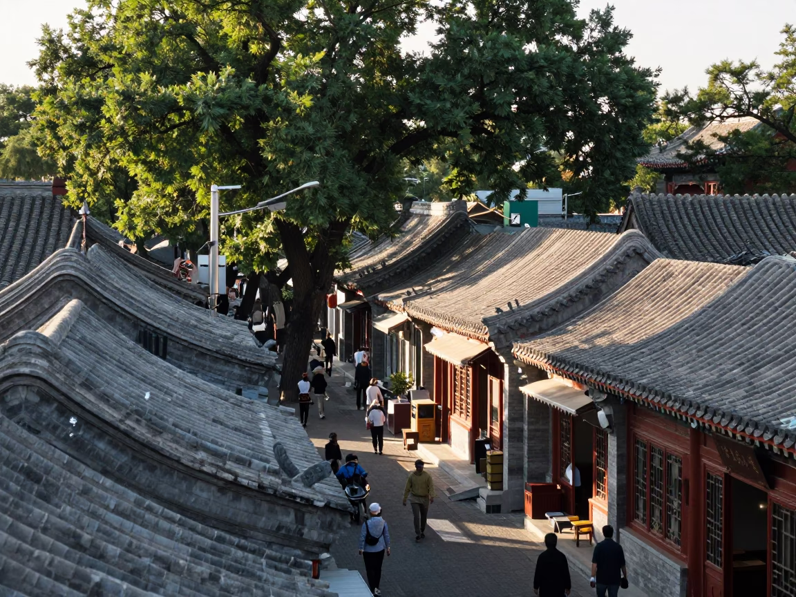Beijing Street Scene Late Morning with Traditional Architecture and Urban Life in in Beijing, China
