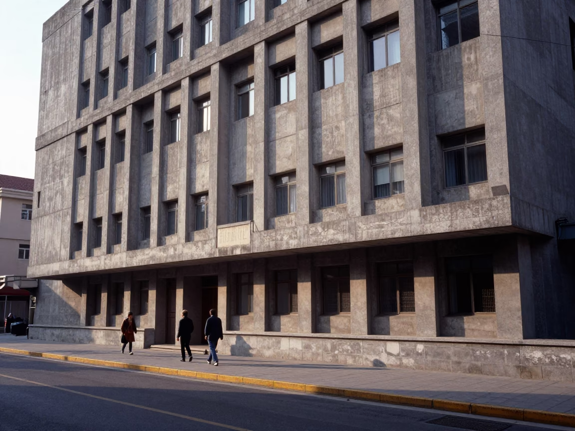 Beijing street scene with concrete brutalist architecture and daily life in in Beijing, China