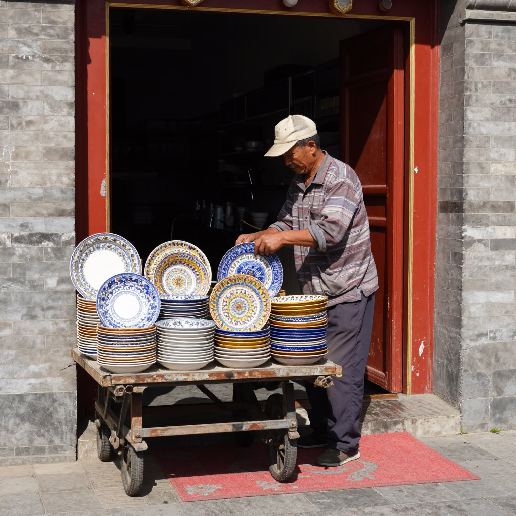 Beijing Street Scene with Vintage Majolica Plate and Doormat Under Noon Sun in in Beijing, China