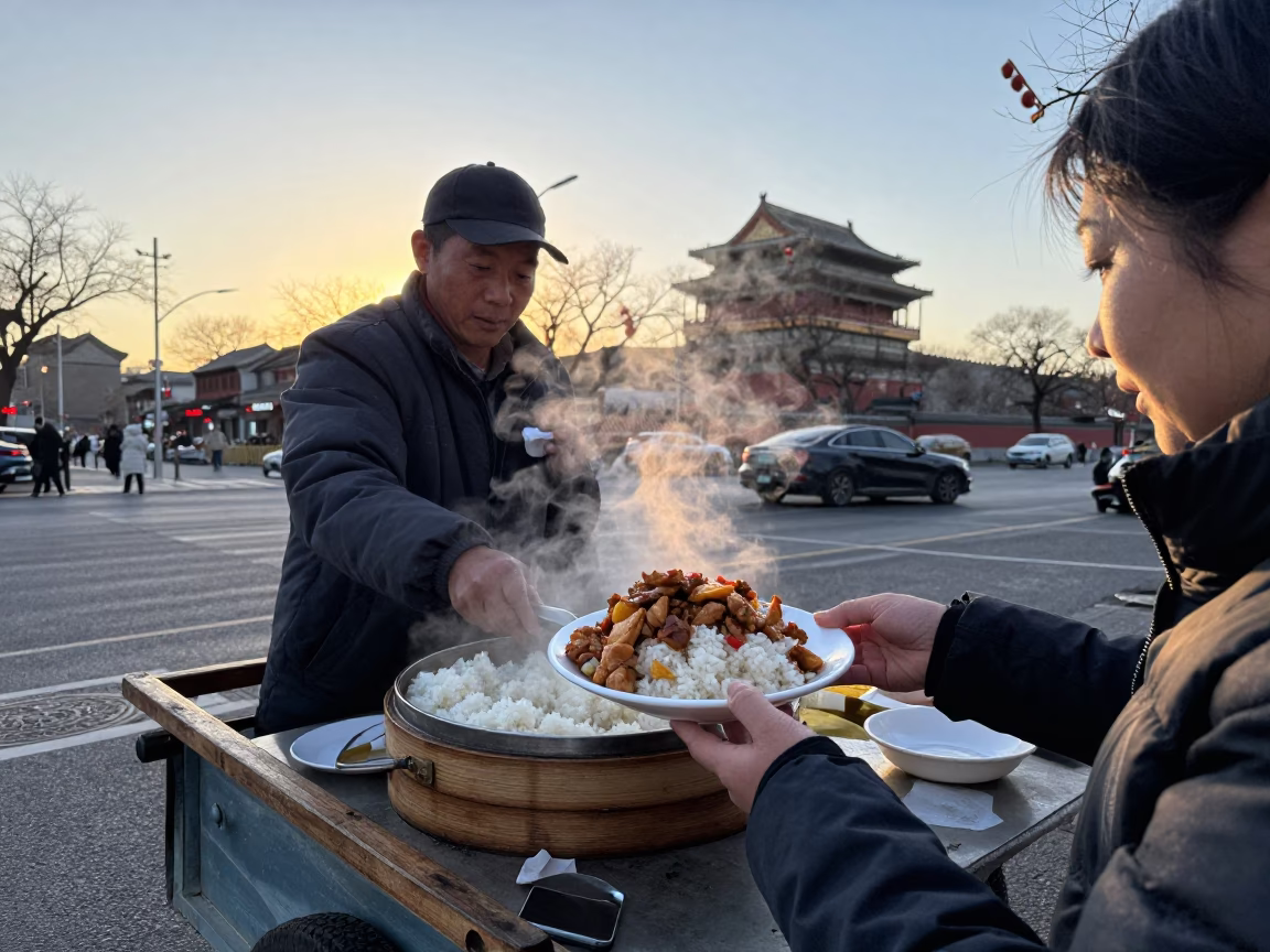 Beijing street vendor at dawn serving steamed rice with chicken adobo and egg cups in in Beijing, China