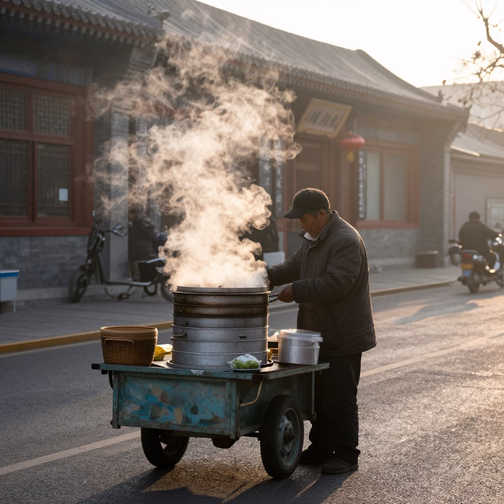 Beijing Street Vendor at First Light Of Dawn in in Beijing, China