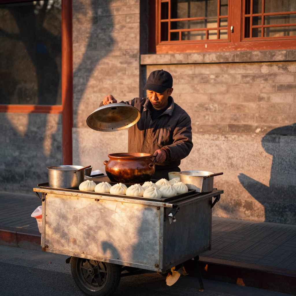 Beijing Street Vendor Cooking Mantou with Clay Pot in Copper Dusk Light in in Beijing, China