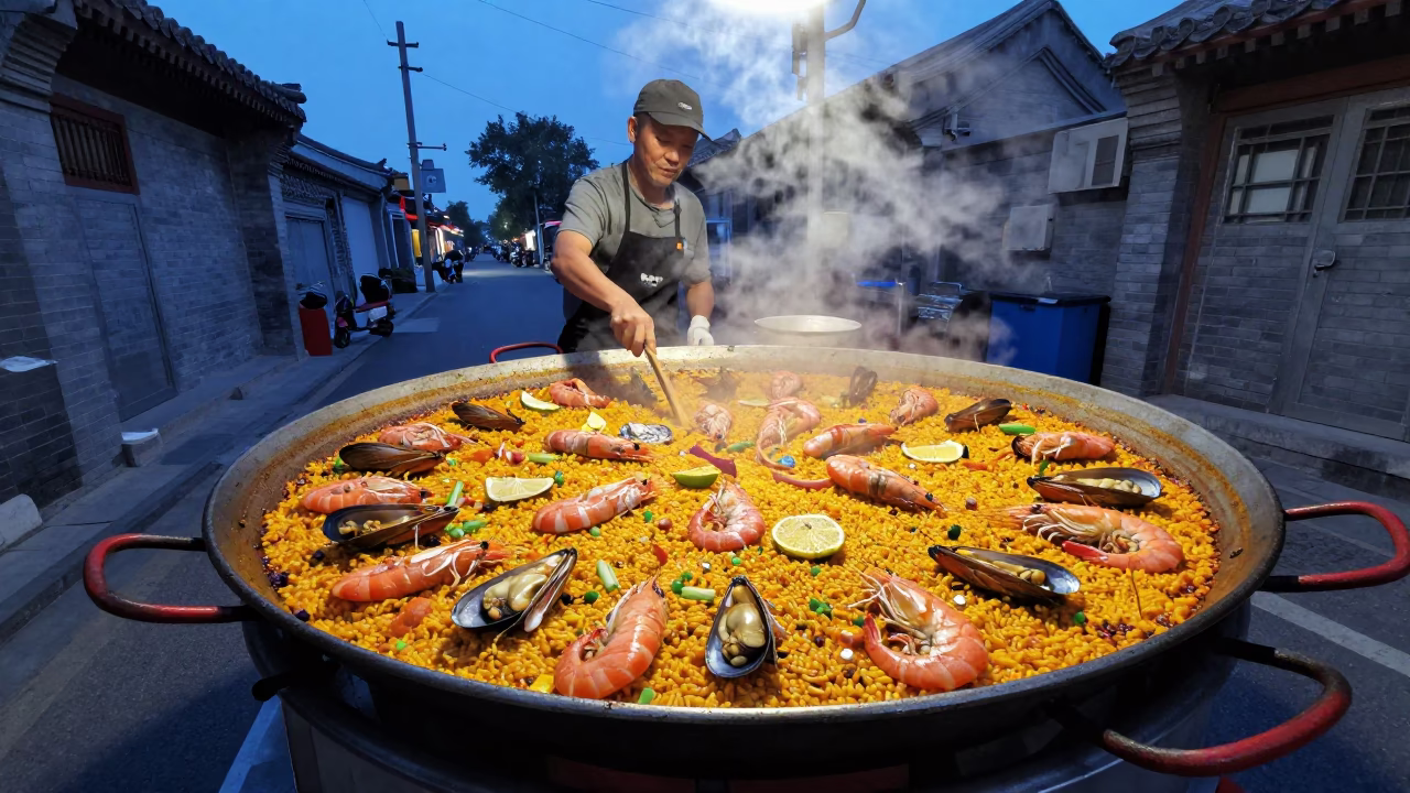 Beijing Street Vendor Cooking Paella in Giant Pan at Twilight with Ivy Brick Wall in in Beijing, China