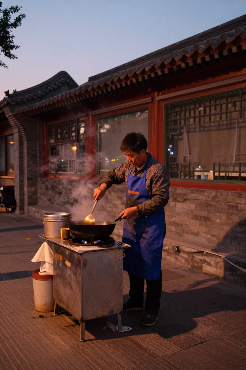 Beijing Street Vendor Cooking with Apron in Copper Dusk Light in in Beijing, China