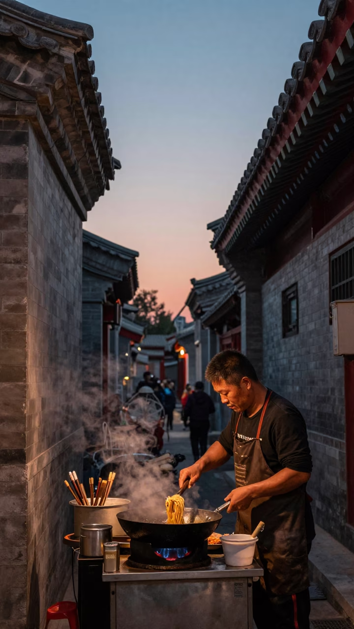 Beijing Street Vendor Cooking with Calligraphy Brushes and Dusk Light in in Beijing, China