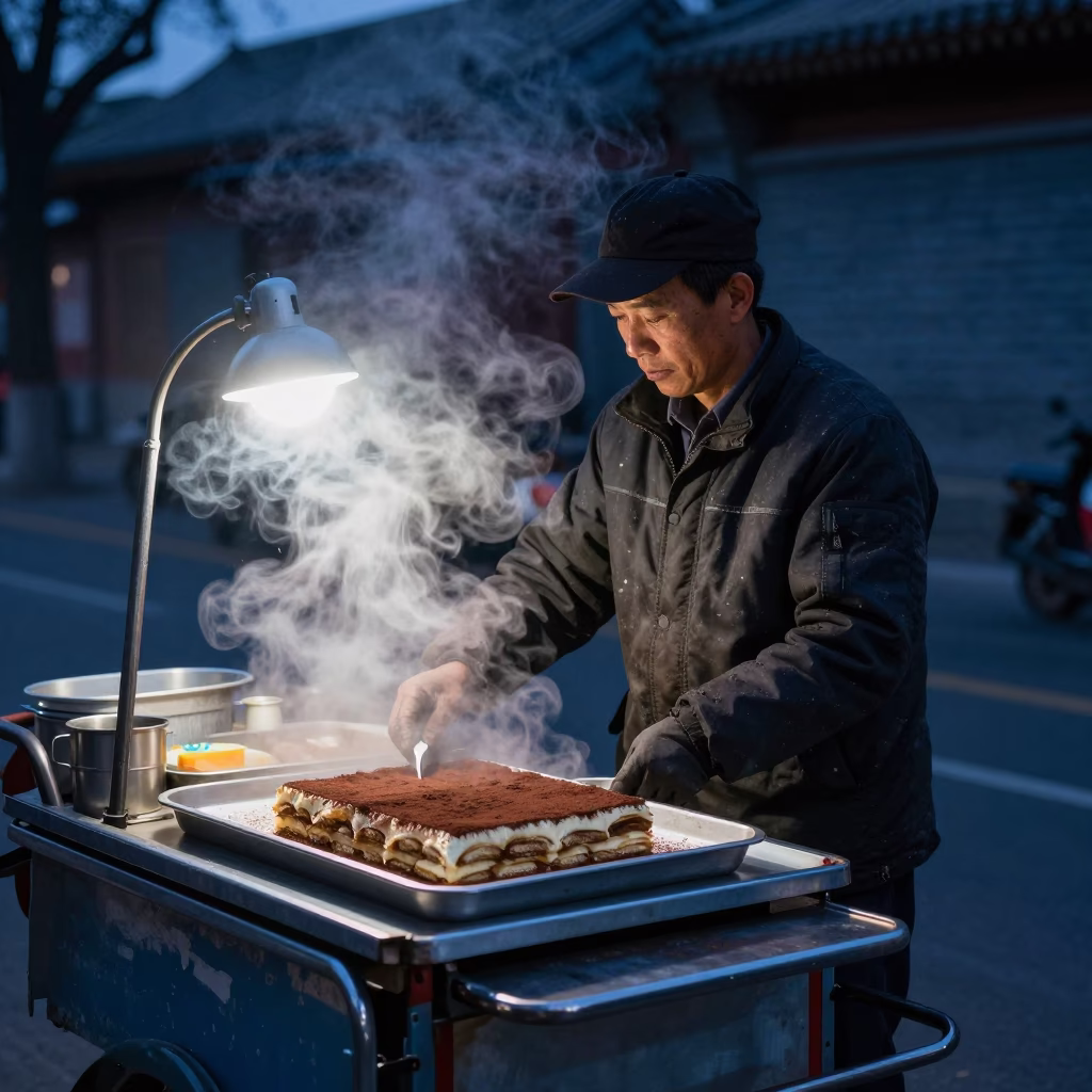 Beijing Street Vendor Morning Routine in Predawn Darkness with Tiramisu Plate in in Beijing, China