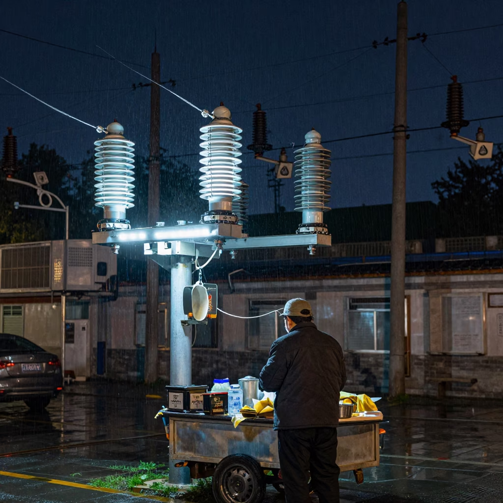 Beijing Street Vendor Night Scene with Substation Insulators and Steel Kettle in in Beijing, China