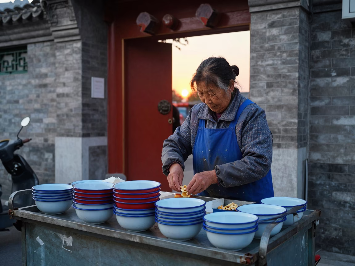 Beijing street vendor preparing snacks near hutong entrance at sunset in in Beijing, China