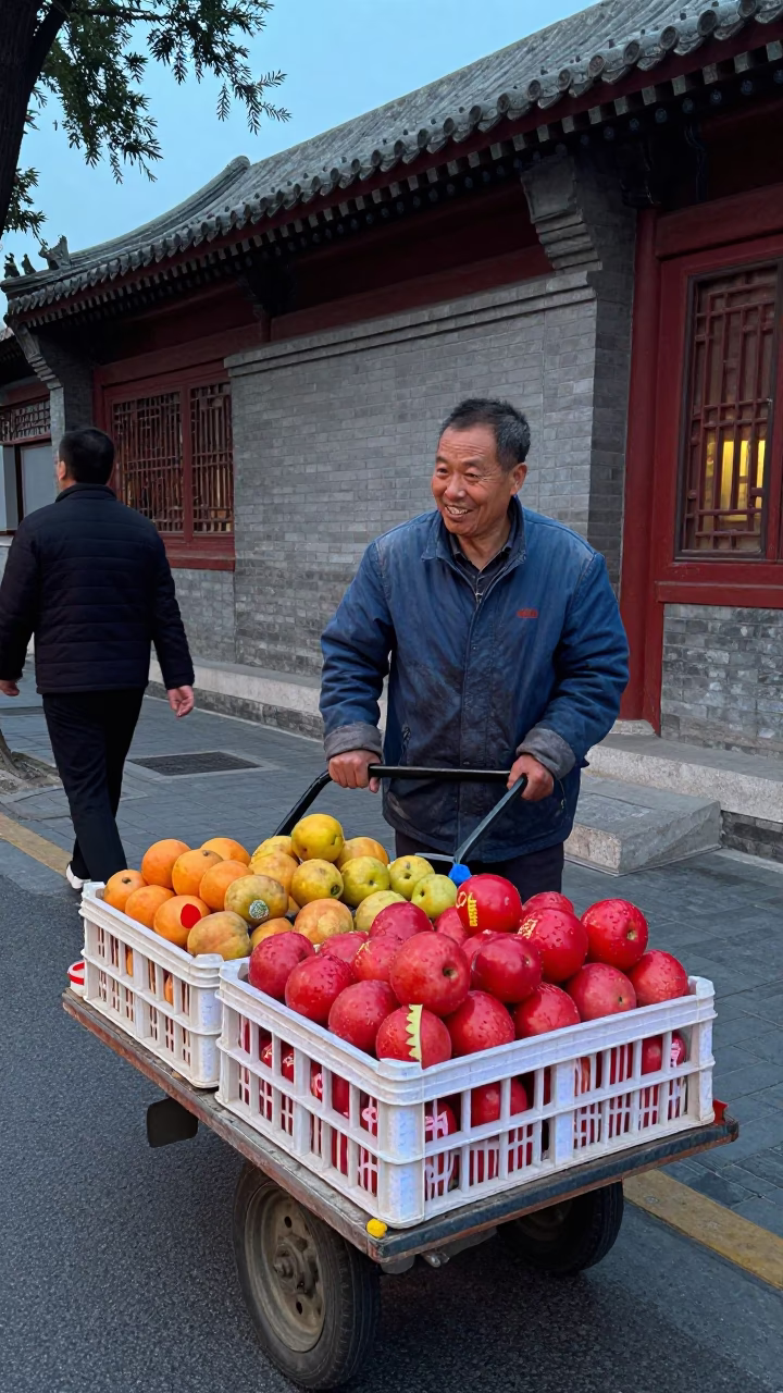 Beijing Street Vendor Selling Fruit Crates in Early Evening Light in in Beijing, China