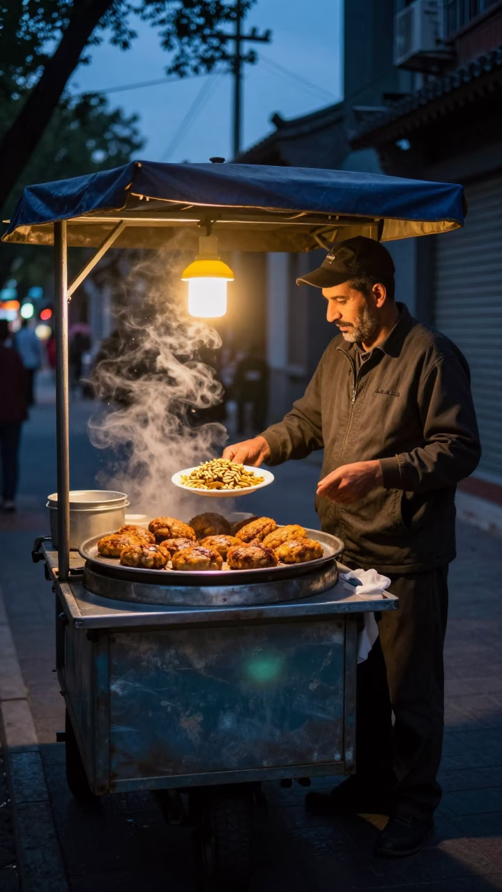 Beijing Street Vendor Selling Kibbeh in Indigo Twilight After Sunset in in Beijing, China