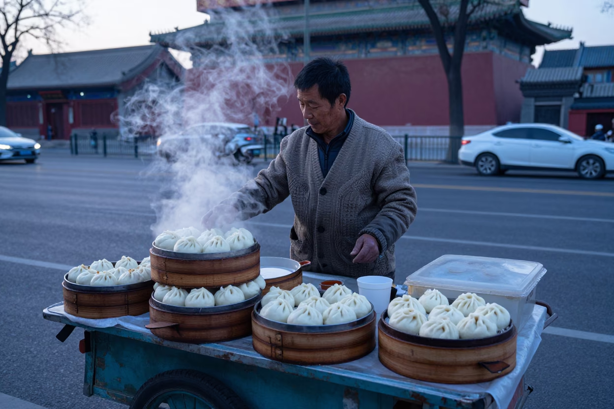 Beijing street vendor selling steamed buns on cool early morning in in Beijing, China