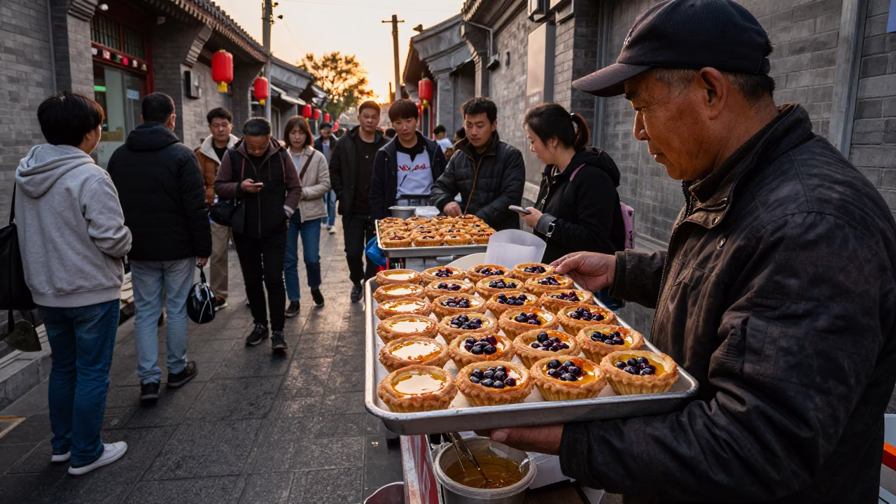 Beijing street vendor serving hot berry tart in honeyed evening light in in Beijing, China