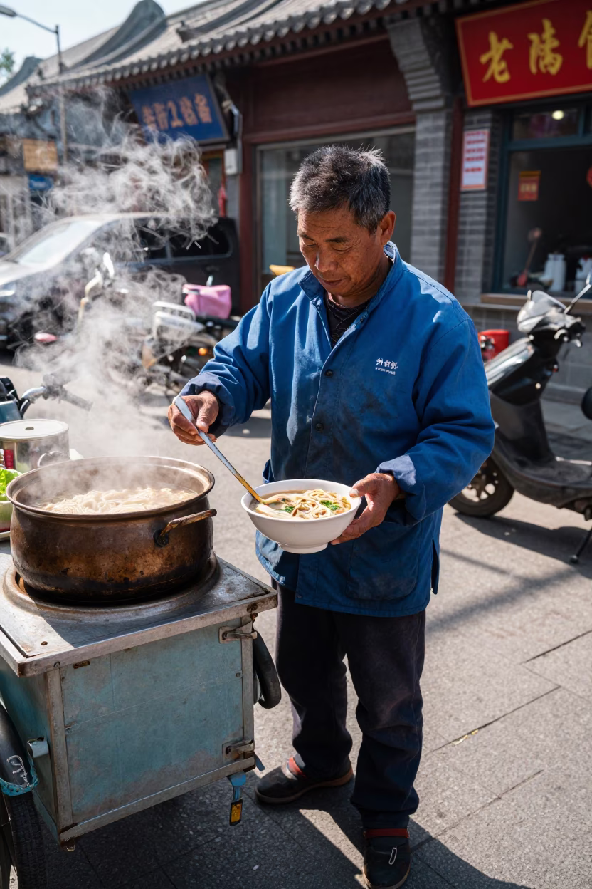 Beijing Street Vendor Serving Hot Noodle Soup in Bright Midmorning Light in in Beijing, China